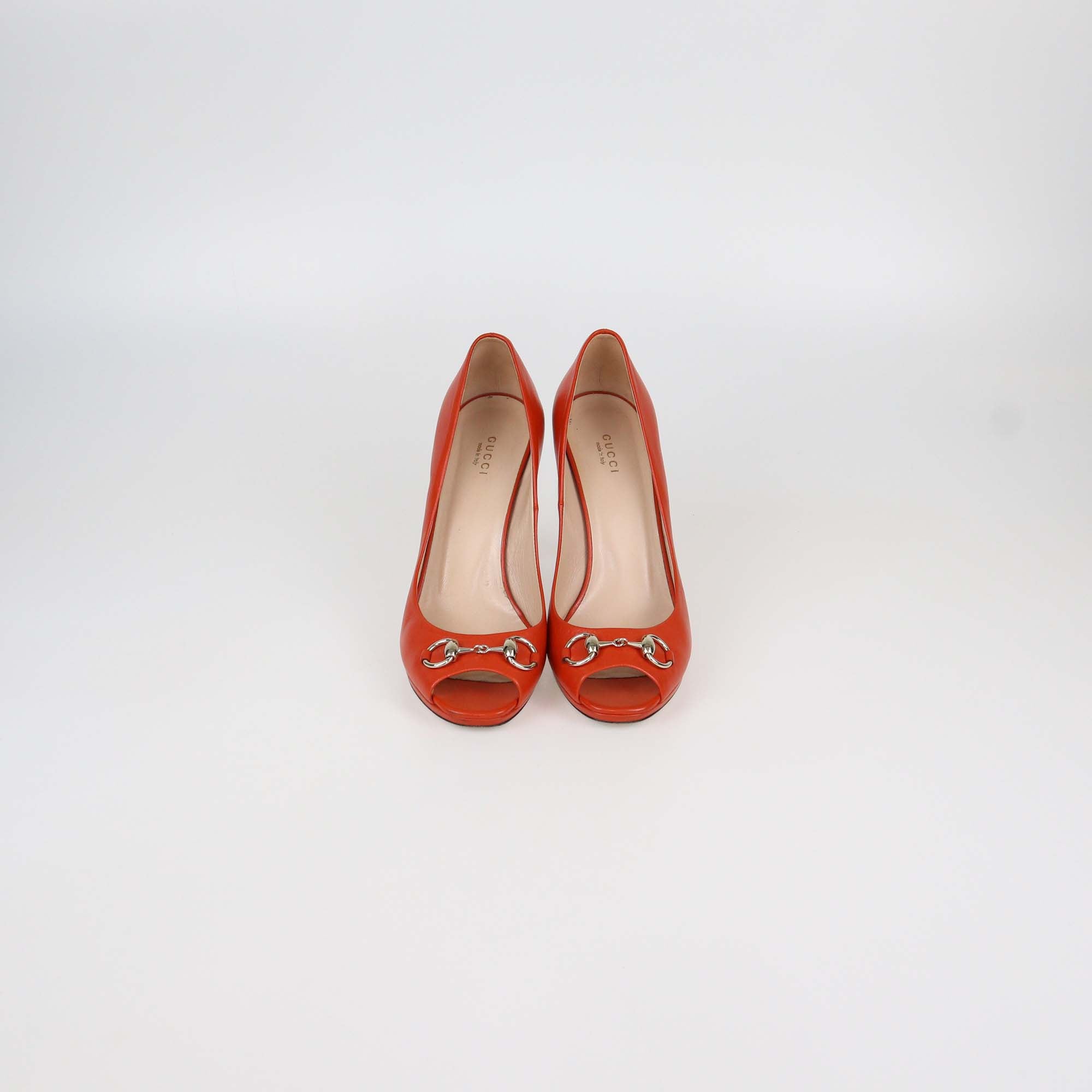 Gucci Dark Orange Leather Horsebit Peep Toe Pumps