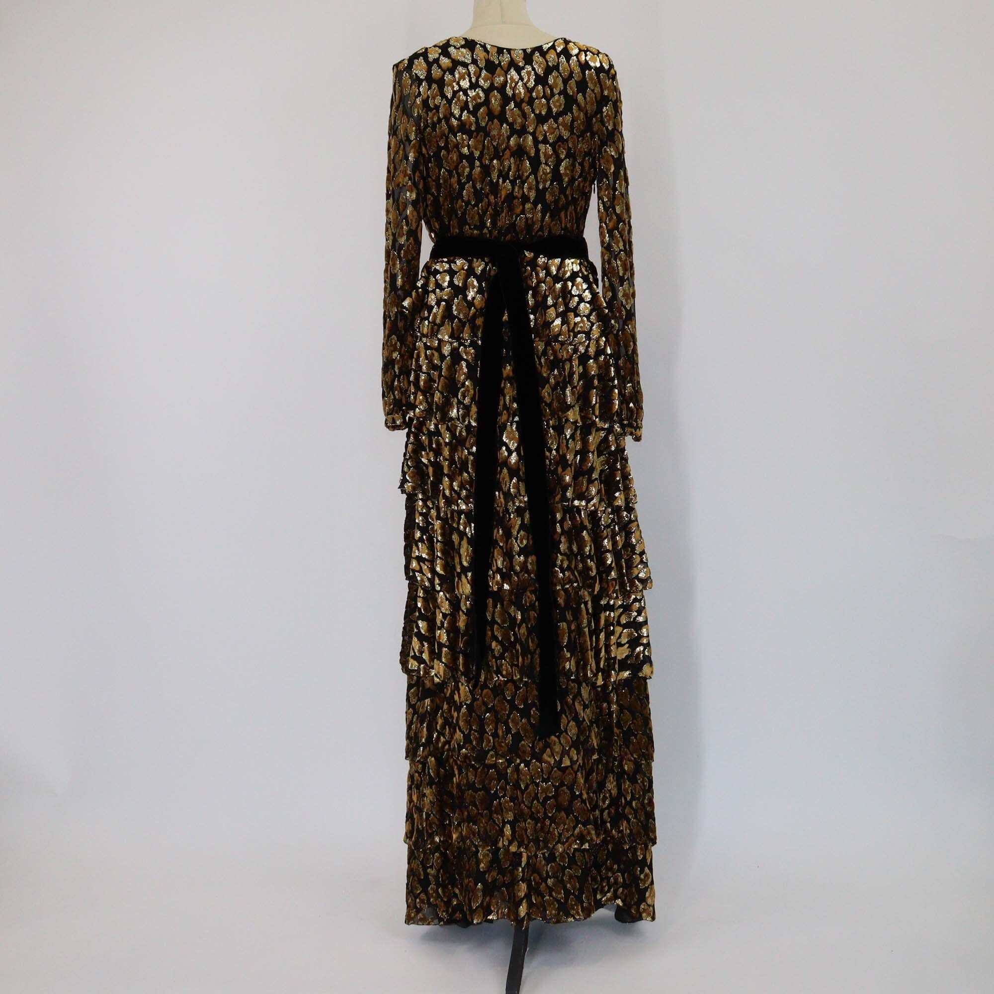 Valentino Black/Gold Leopard Patterned V Neck Belted Maxi Dress Womens Valentino 