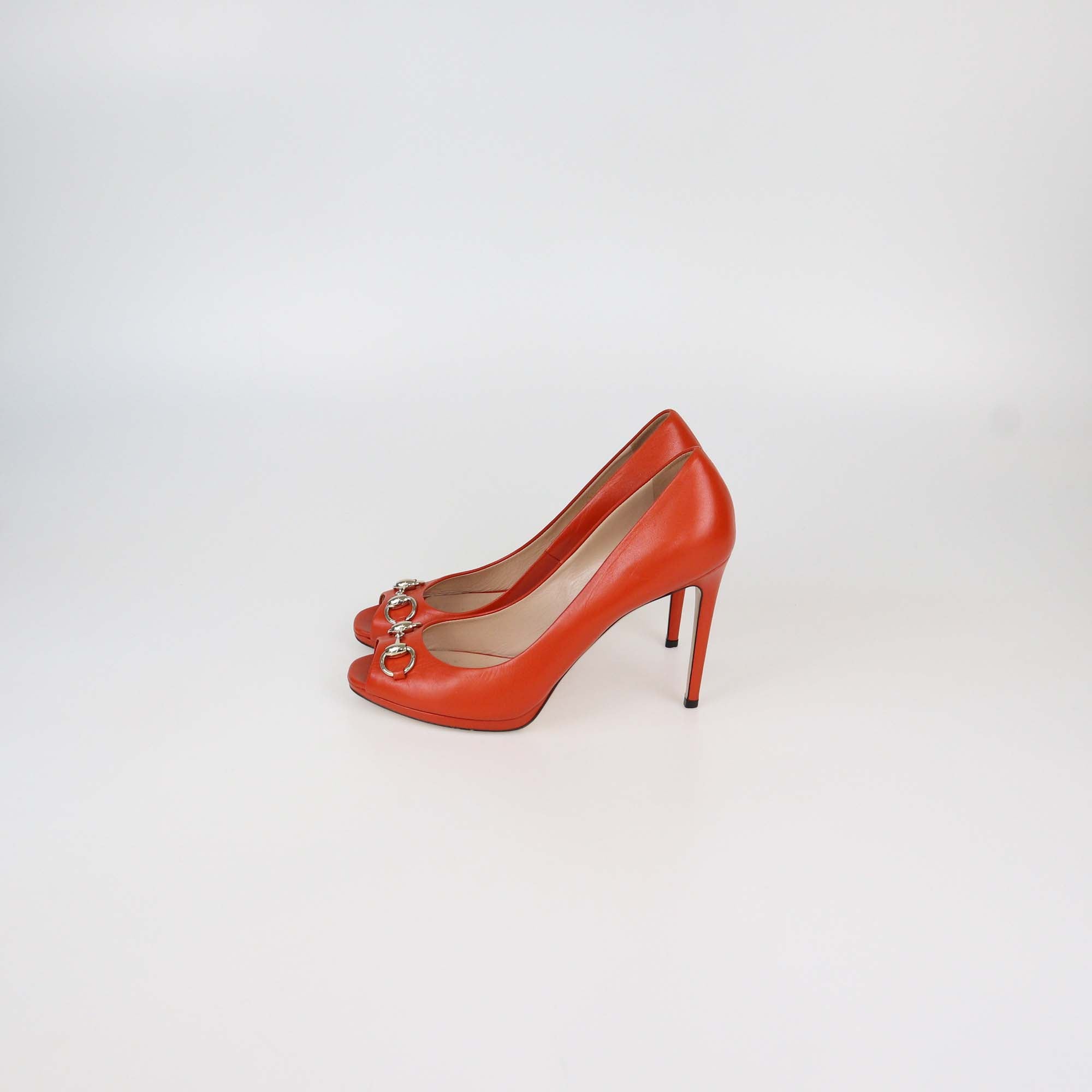 Gucci Dark Orange Leather Horsebit Peep Toe Pumps