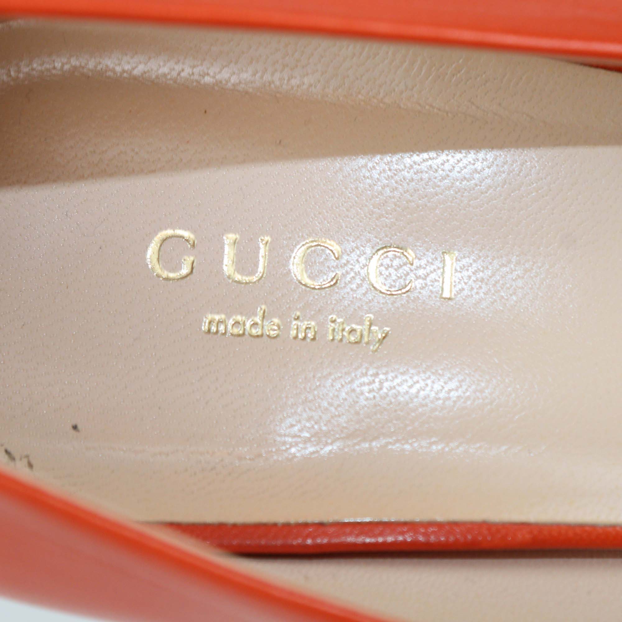 Gucci Dark Orange Leather Horsebit Peep Toe Pumps