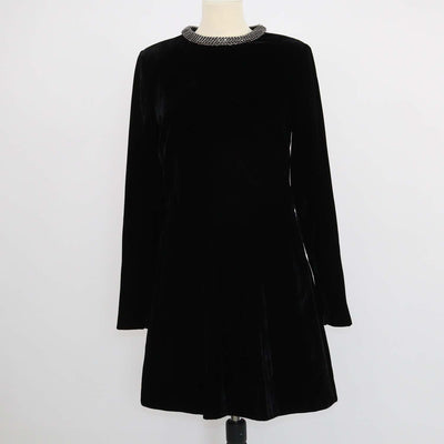 Saint Laurent Black Velvet Studded Embellished Longsleeve Mini Dress