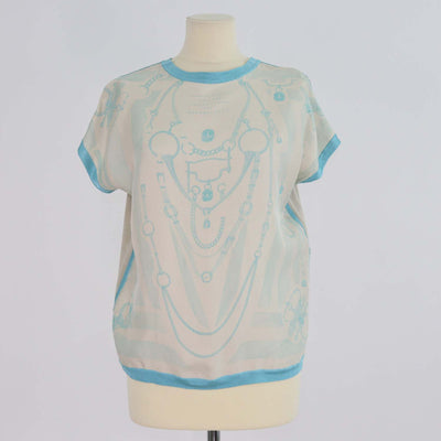 Hermes Blue, Beige Silk Parure De Gala Print Top