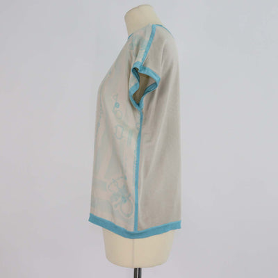 Hermes Blue, Beige Silk Parure De Gala Print Top