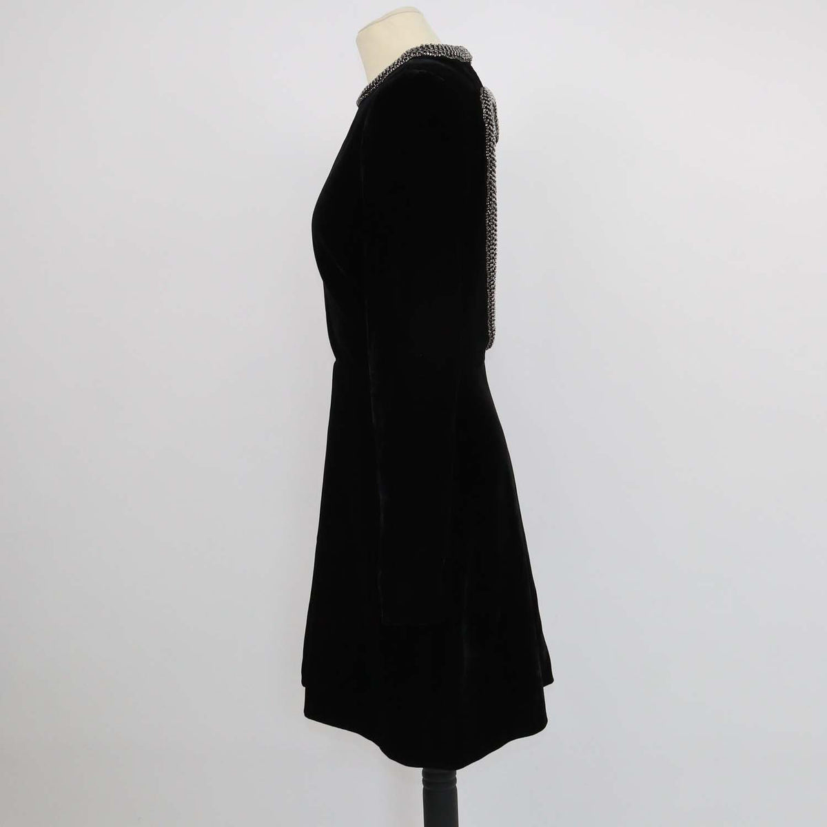 Saint Laurent Black Velvet Studded Embellished Longsleeve Mini Dress