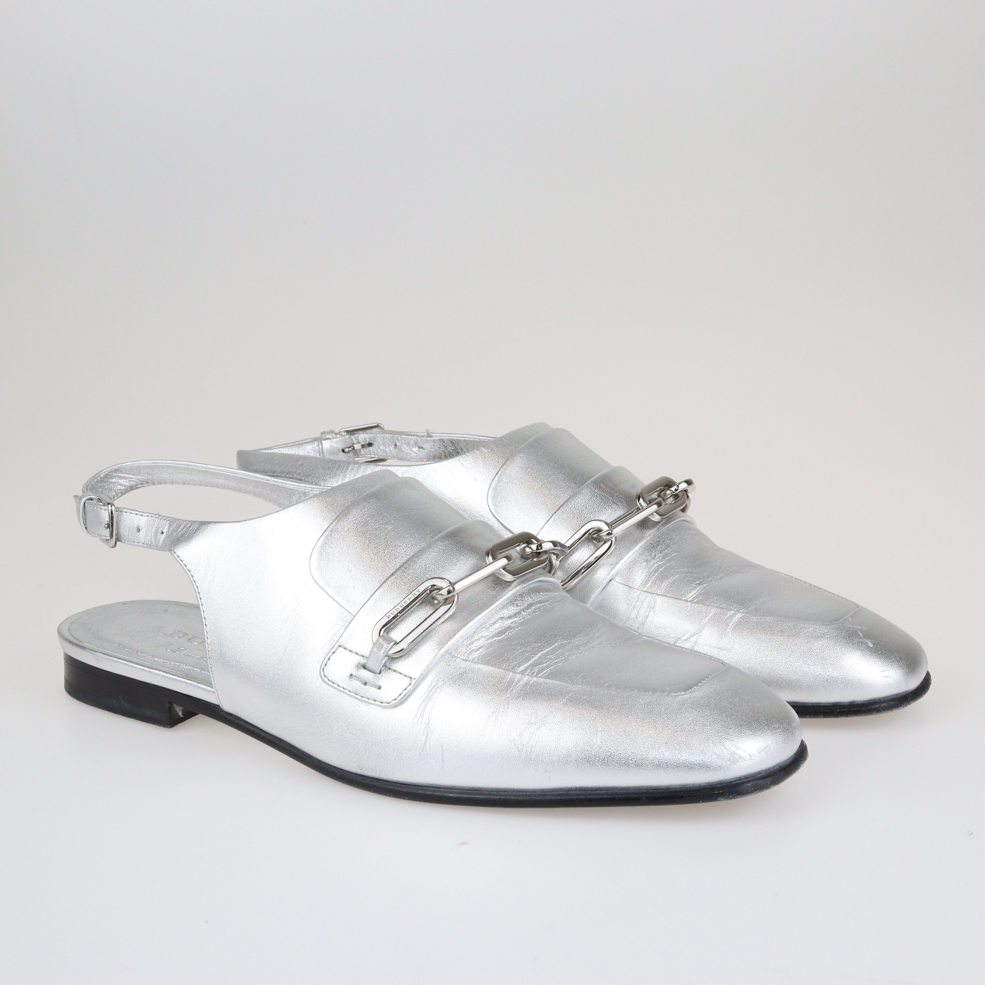 Silver Cheltown Slingback Loafers Sandals Shoes Burberry 