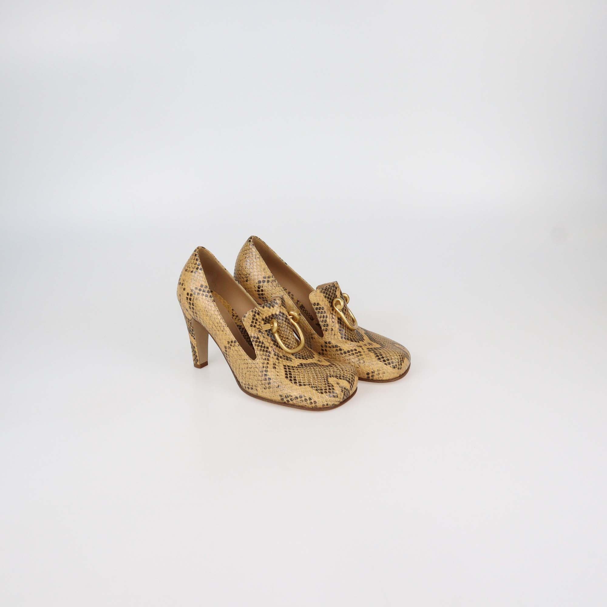 Bottega Veneta Brown Python Embossed Leather Knot Buckle Pumps