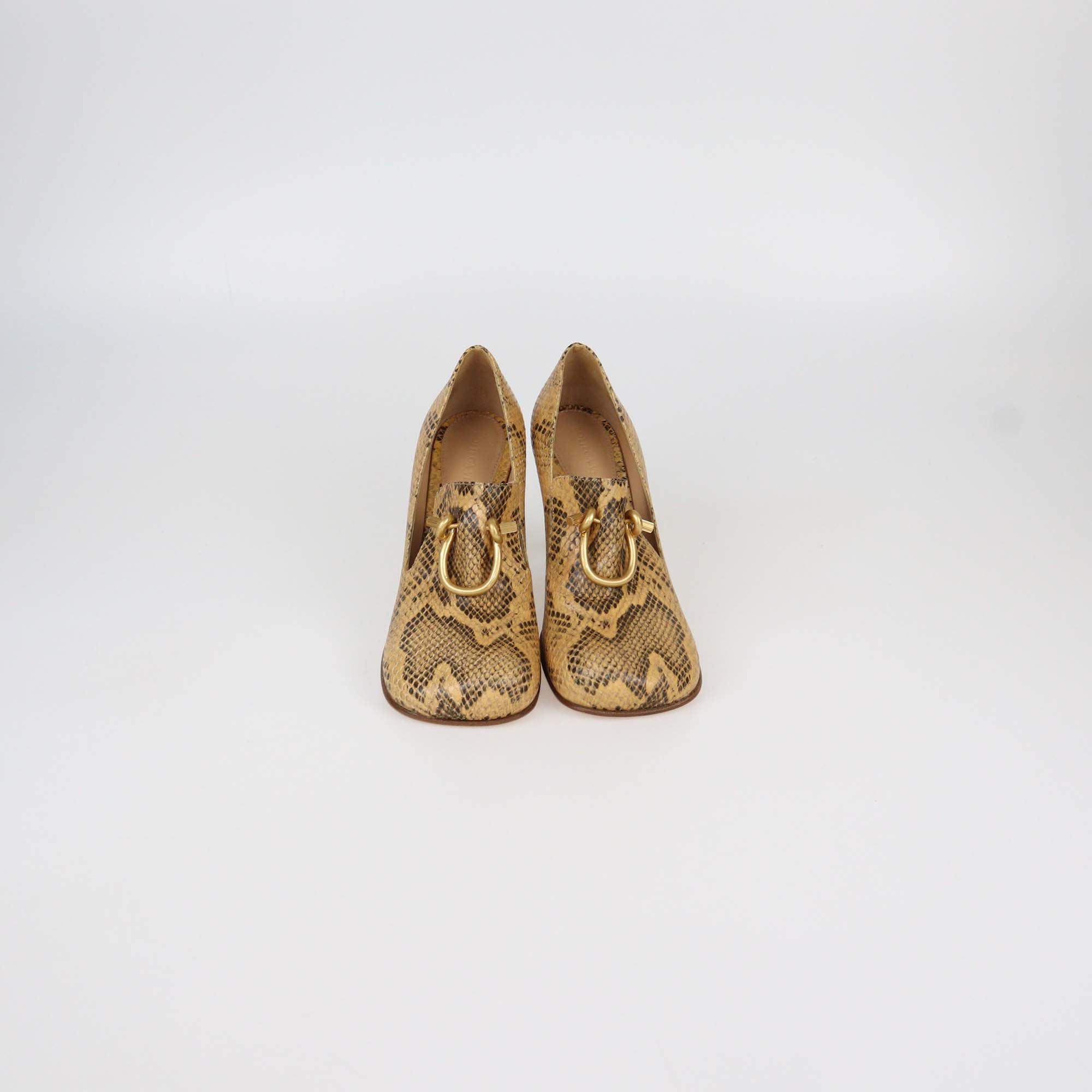 Bottega Veneta Brown Python Embossed Leather Knot Buckle Pumps