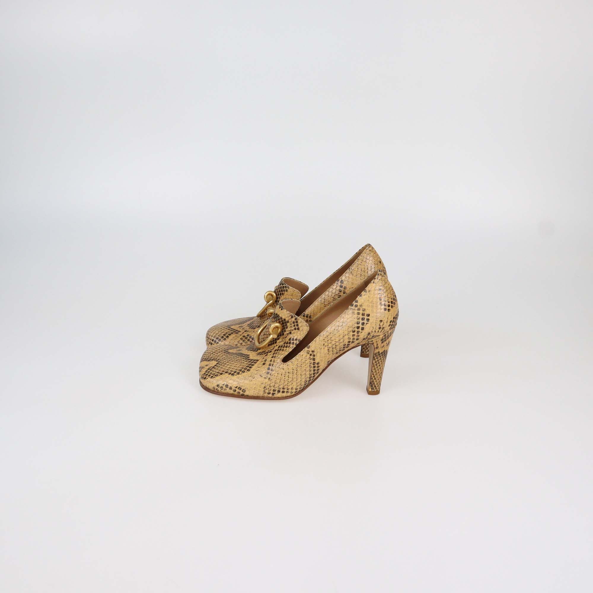Bottega Veneta Brown Python Embossed Leather Knot Buckle Pumps