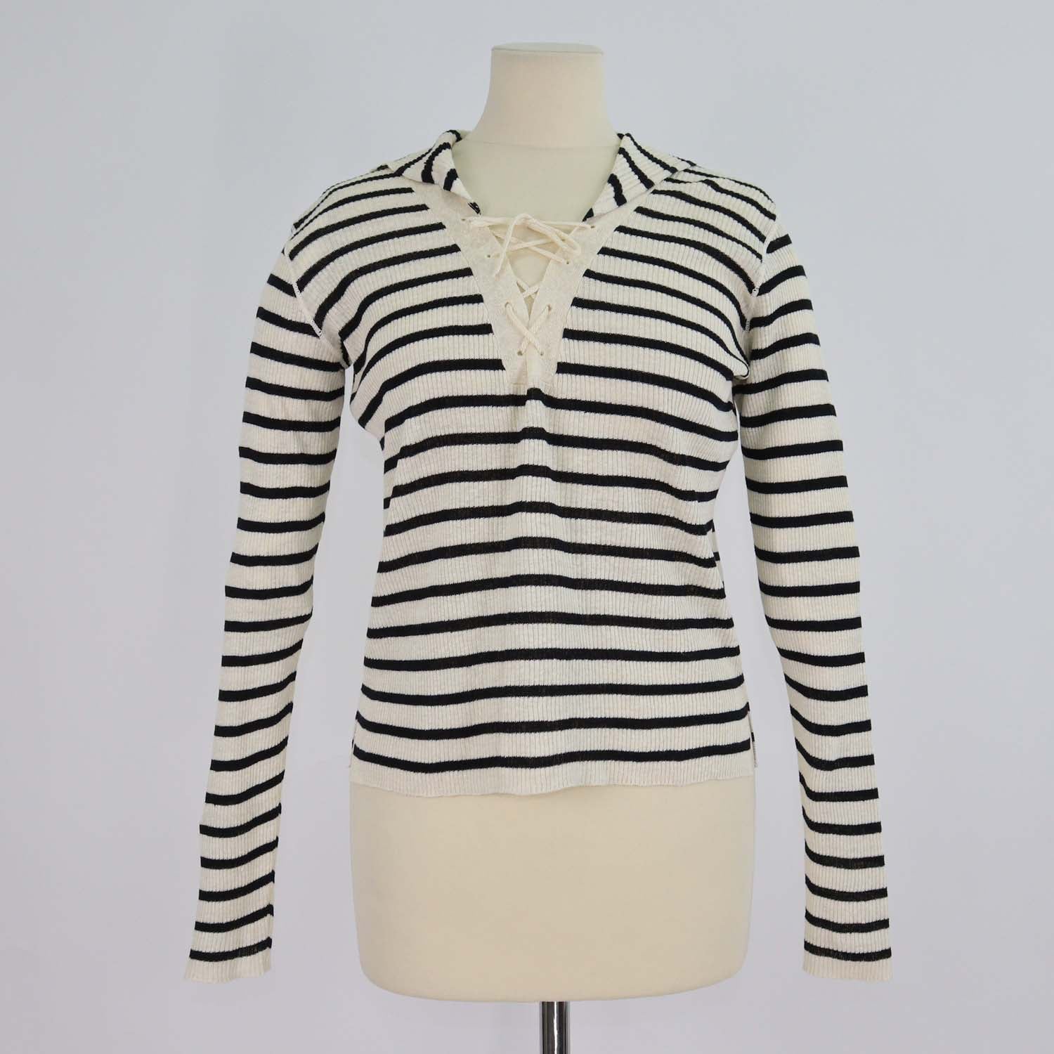 Christian Dior Cream/Black Linen/Knit Blend Stripe Sailor Collar Sweater