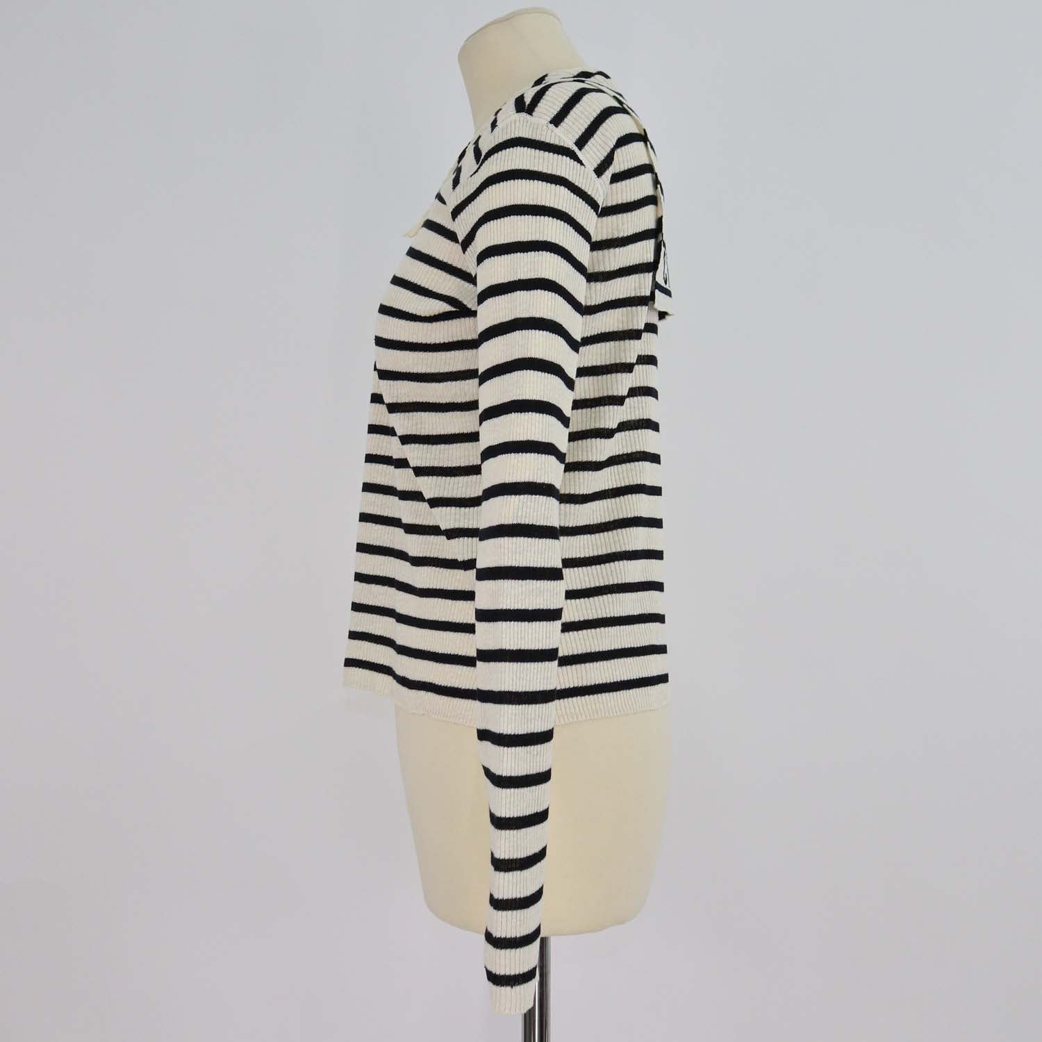 Christian Dior Cream/Black Linen/Knit Blend Stripe Sailor Collar Sweater