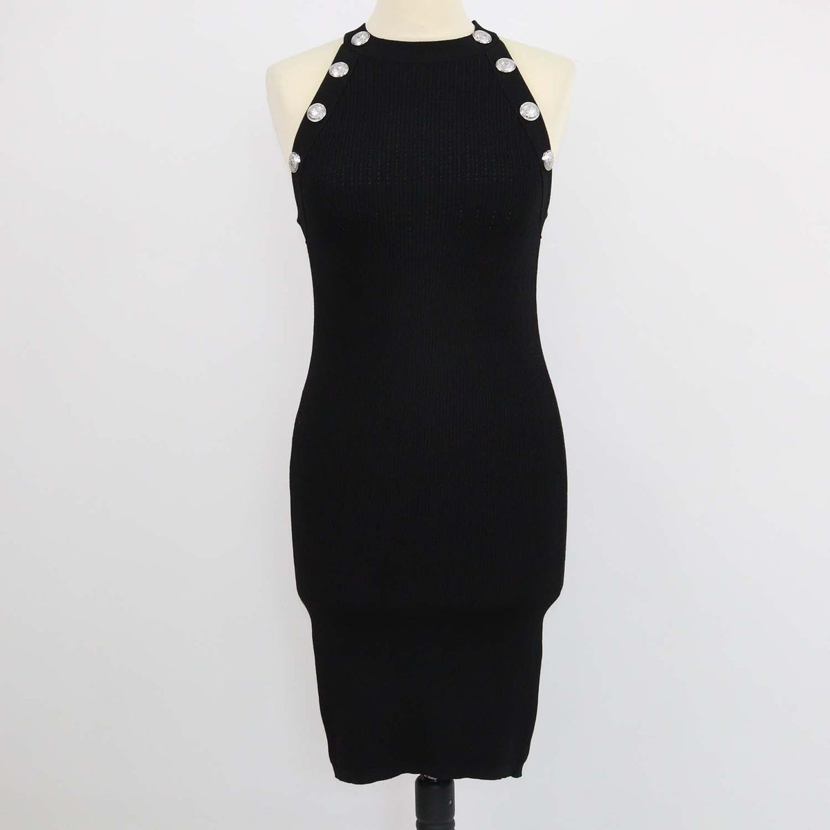 Balmain Black Blend Viscose Knitted Button Embellished Midi Dress