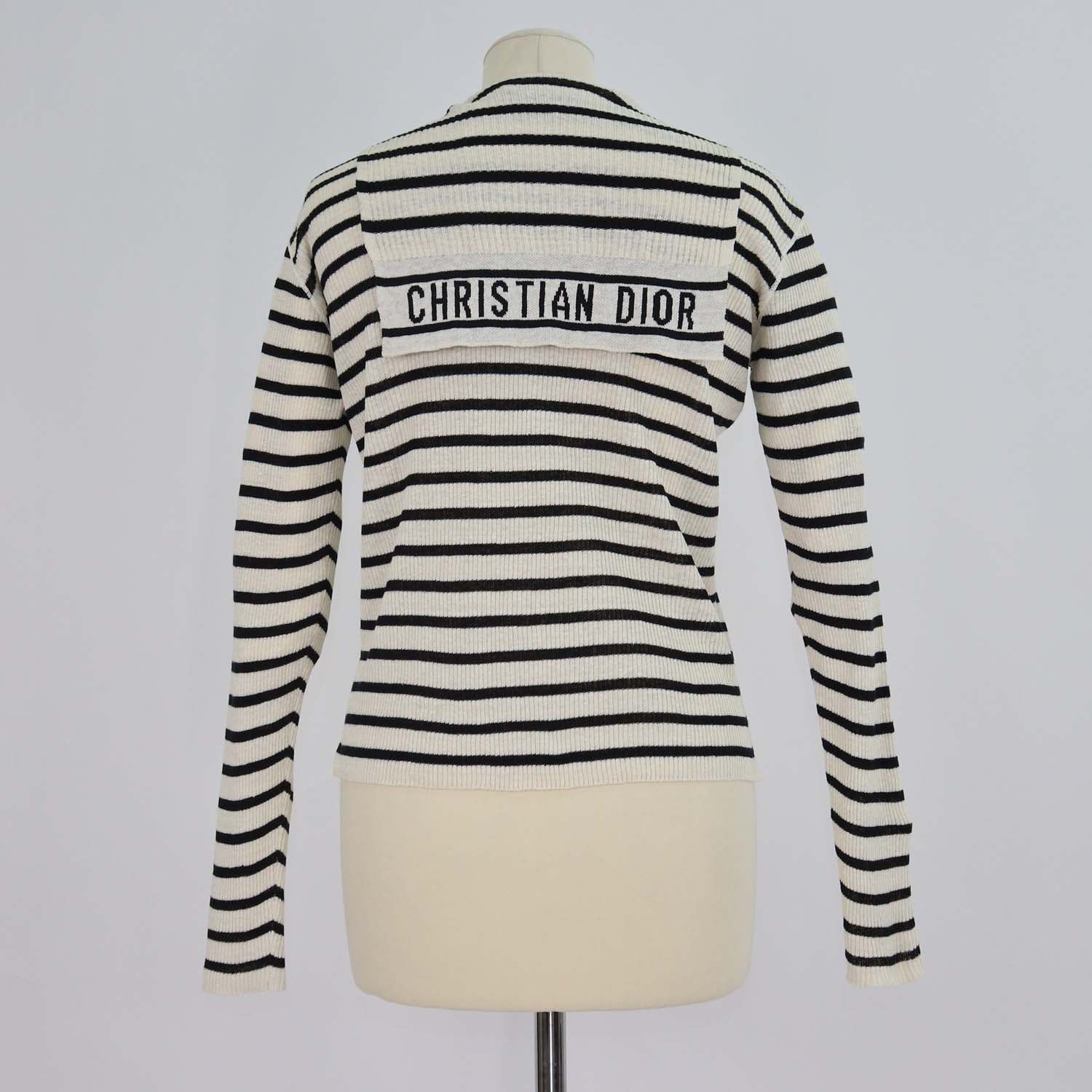 Christian Dior Cream/Black Linen/Knit Blend Stripe Sailor Collar Sweater