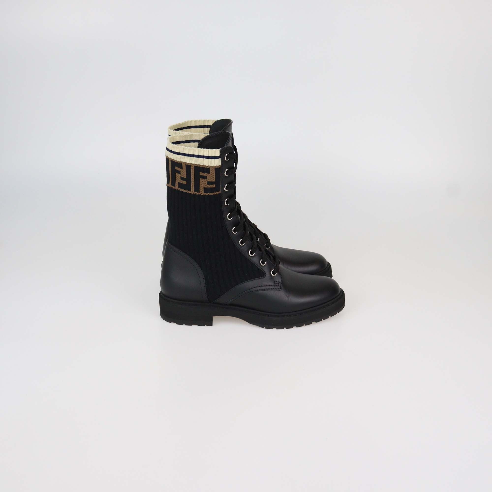 Fendi Black Leather and Zucca Stretch Fabric Rockoko Boots