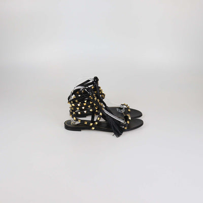 Valentino Black Leather Rockstud Gladiator Tassel Sandals
