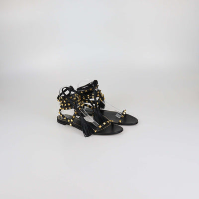 Valentino Black Leather Rockstud Gladiator Tassel Sandals