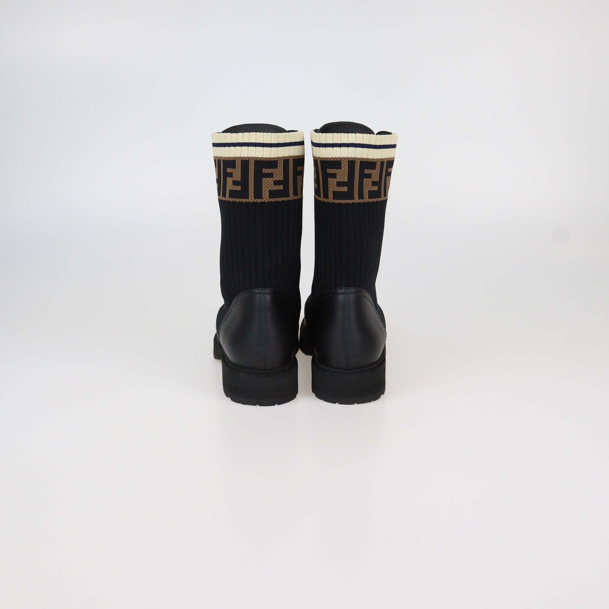 Fendi Black Leather and Zucca Stretch Fabric Rockoko Boots