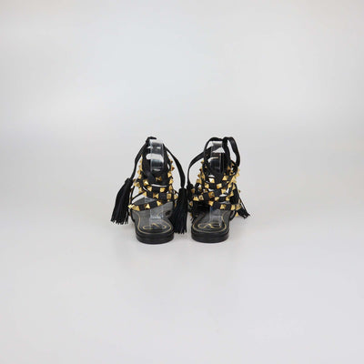Valentino Black Leather Rockstud Gladiator Tassel Sandals
