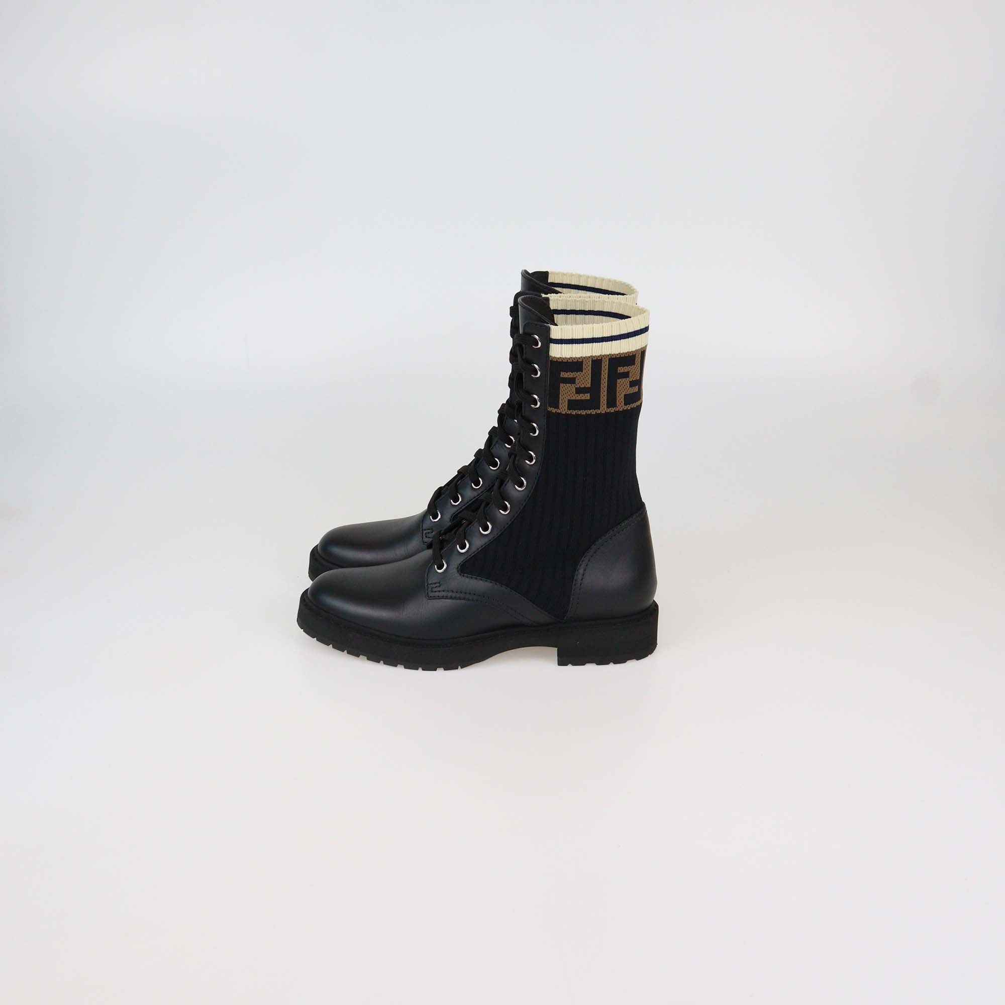 Fendi Black Leather and Zucca Stretch Fabric Rockoko Boots
