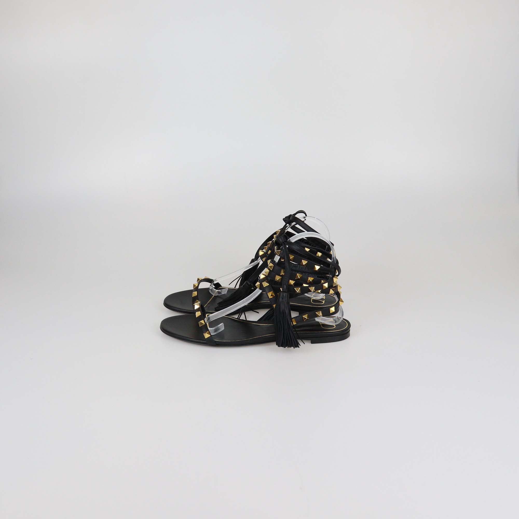 Valentino Black Leather Rockstud Gladiator Tassel Sandals