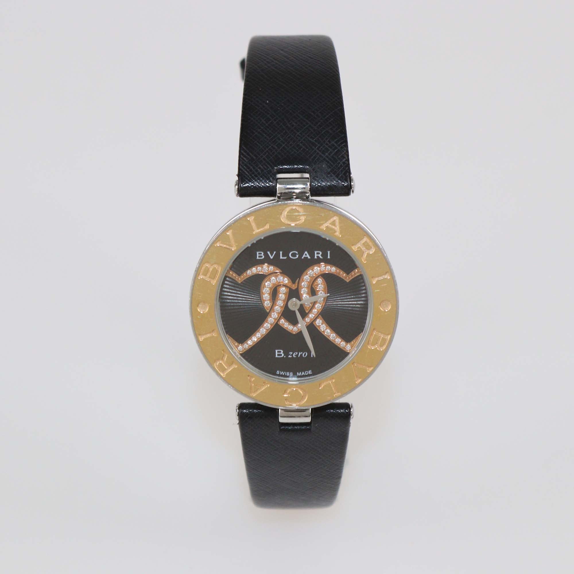 Bvlgari Black 18K Rose Gold Stainless Steel Diamond Leather Heart Motif B.Zero1 Watch