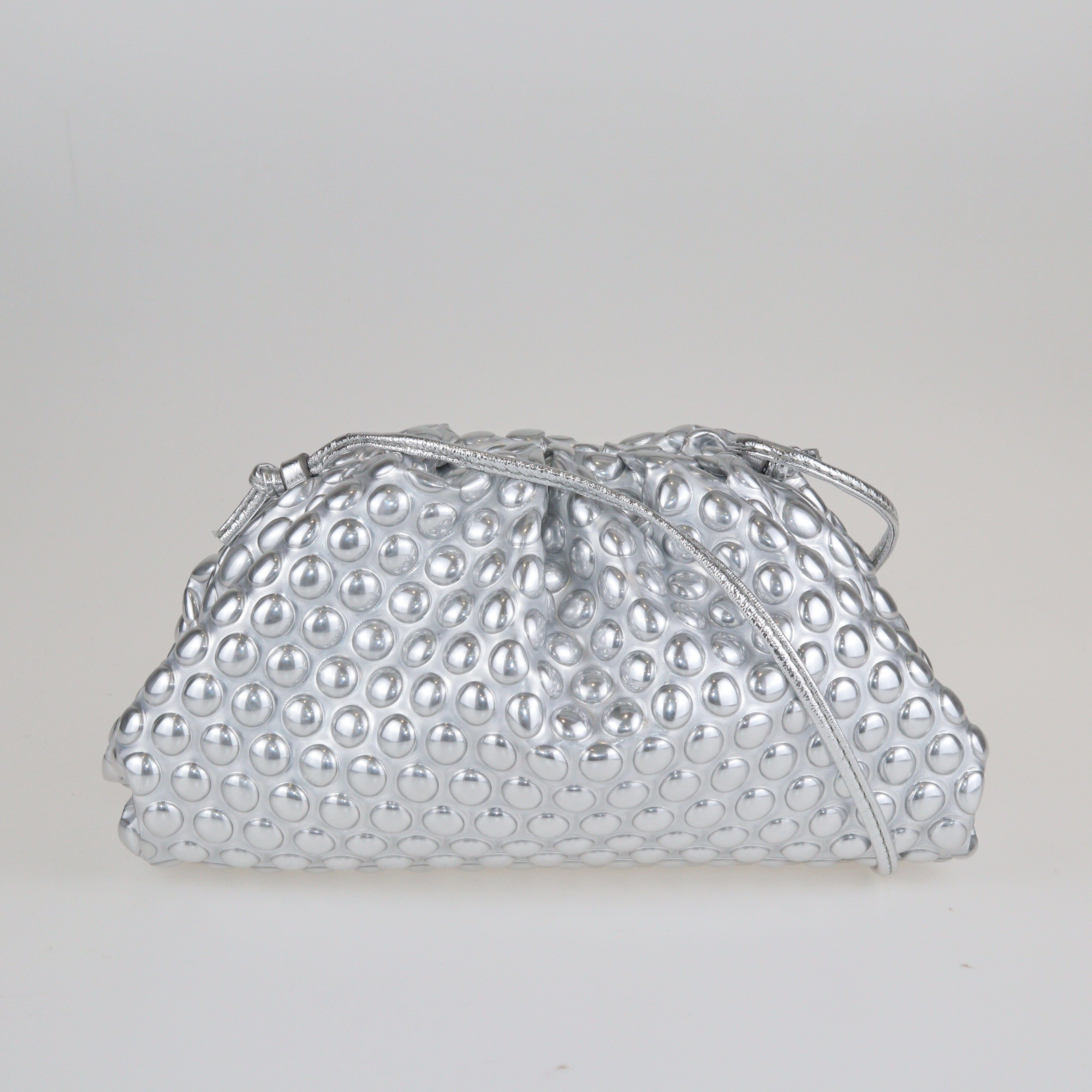 Metallic Silver Mini Bubble Wrap Teen Pouch Bags Bottega Veneta 