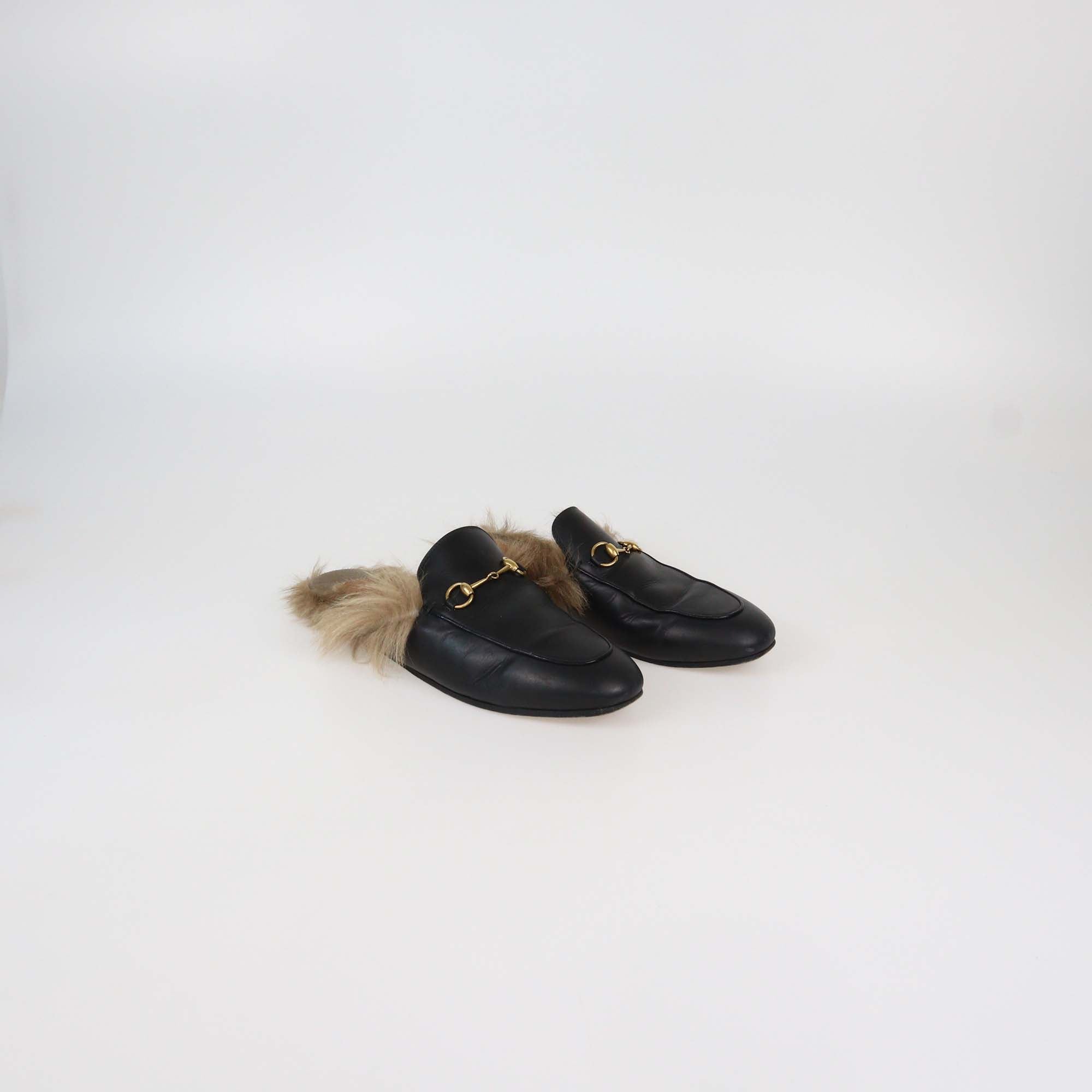 Gucci Black Leather And Fur Princetown Horsebit Mules
