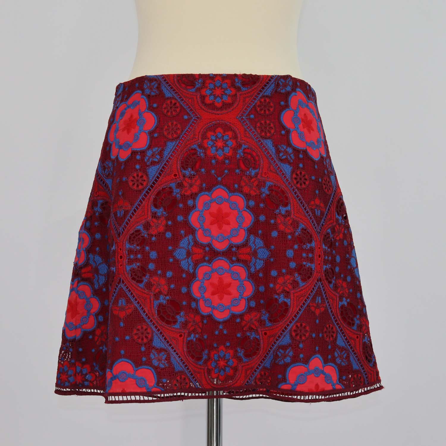 Sandro Red/Blue Jersey Floral Lace Lily Mini Skirt