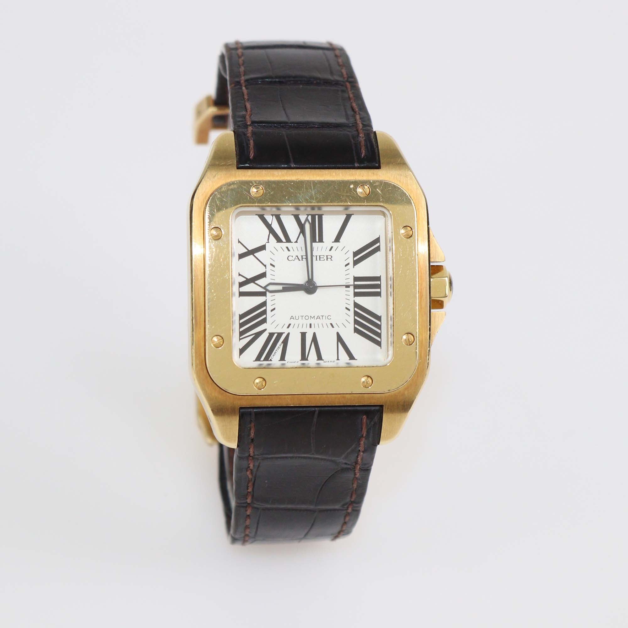 Cartier 18K Yellow Gold/Black Alligator Leather Large Santos Watch