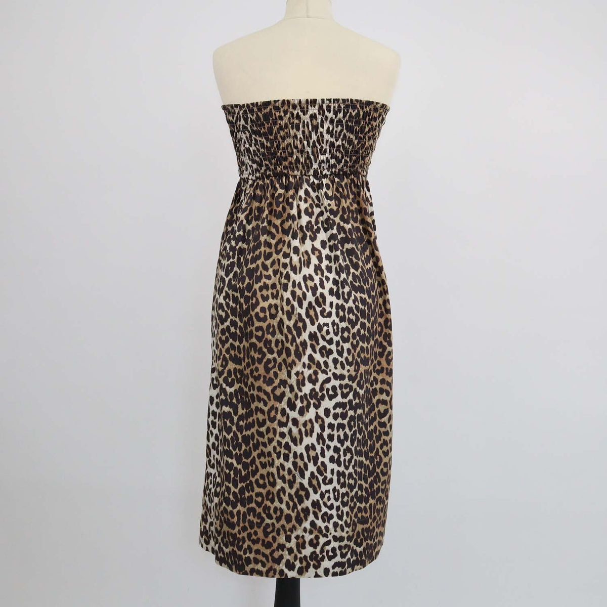 Ganni Brown Cotton Leopard Print Strapless Dress