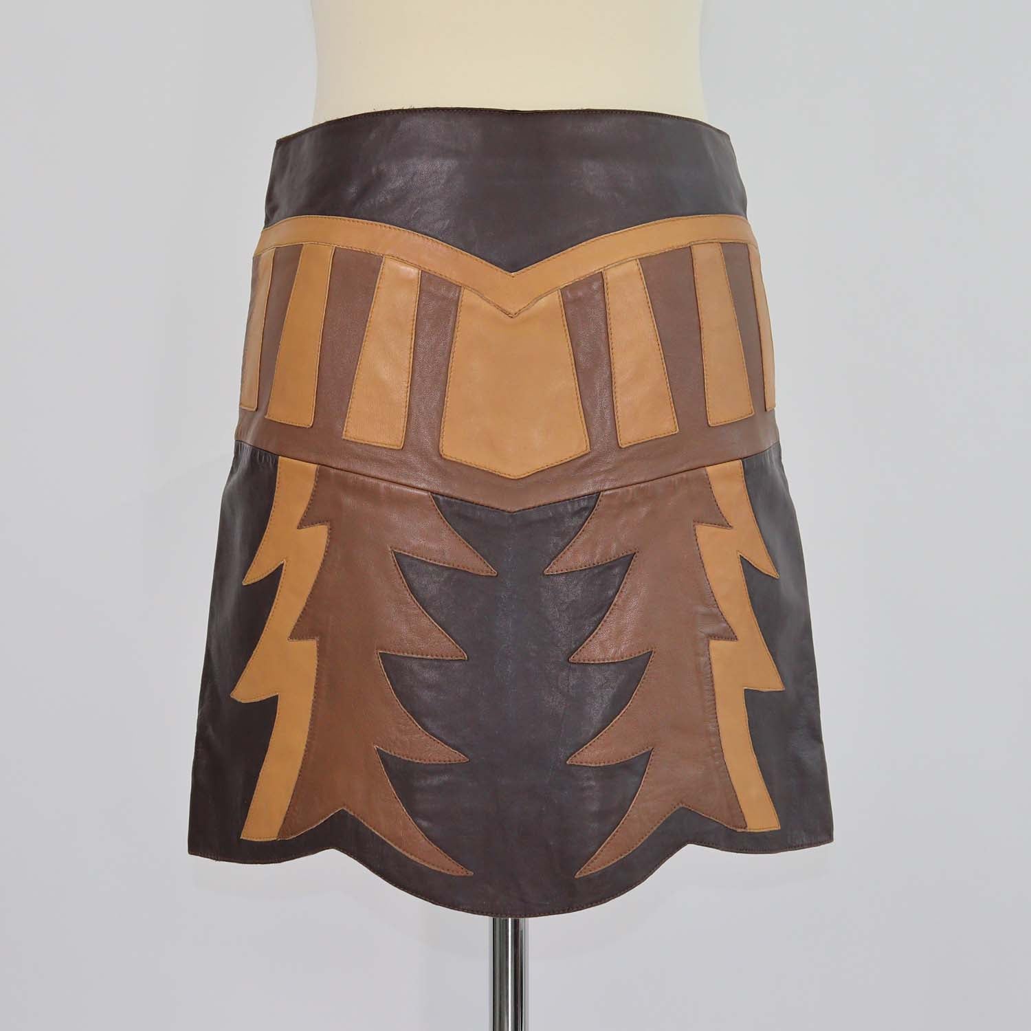 Just Cavalli Tricolor Leather Jagged Tree Mini Skirt
