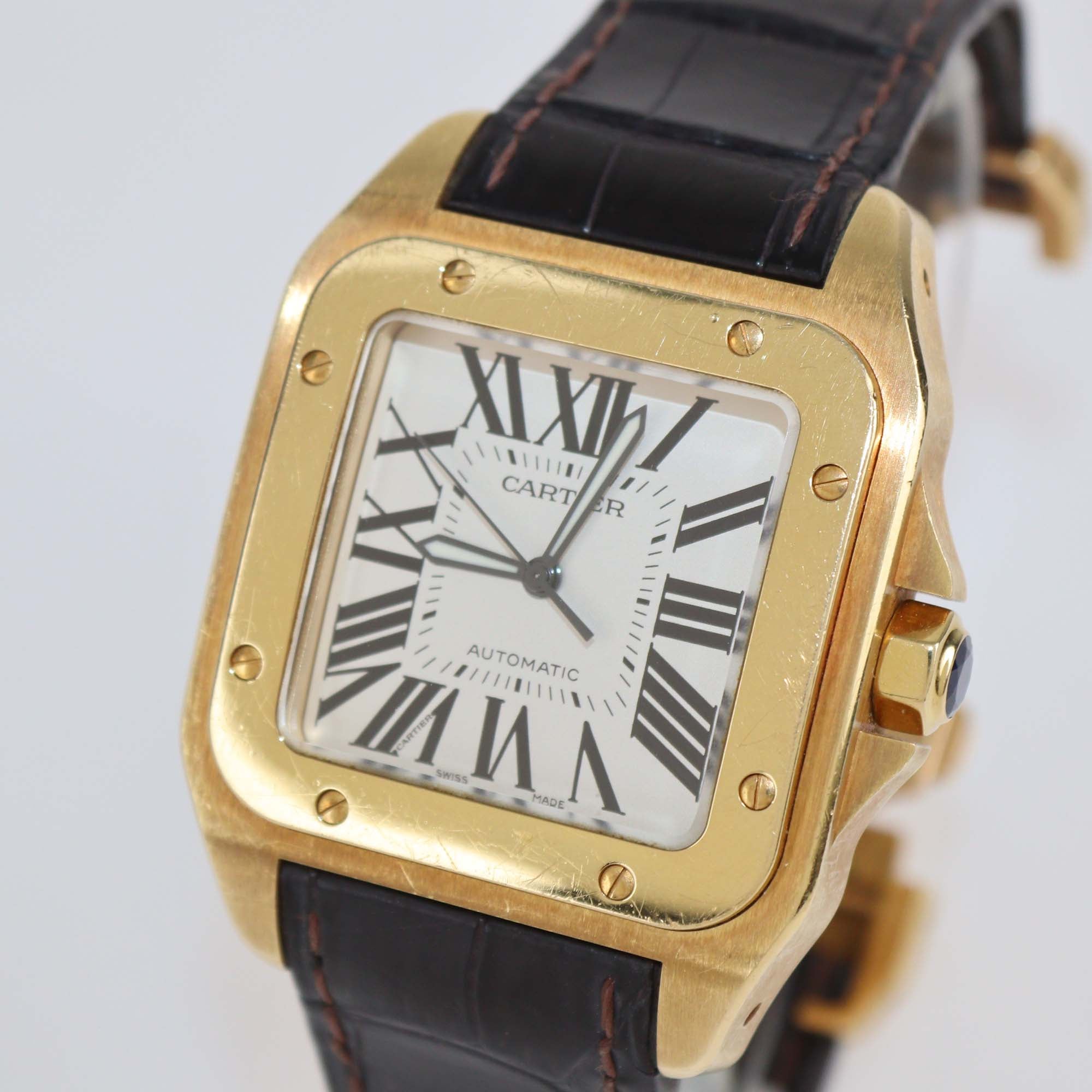 Cartier 18K Yellow Gold/Black Alligator Leather Large Santos Watch