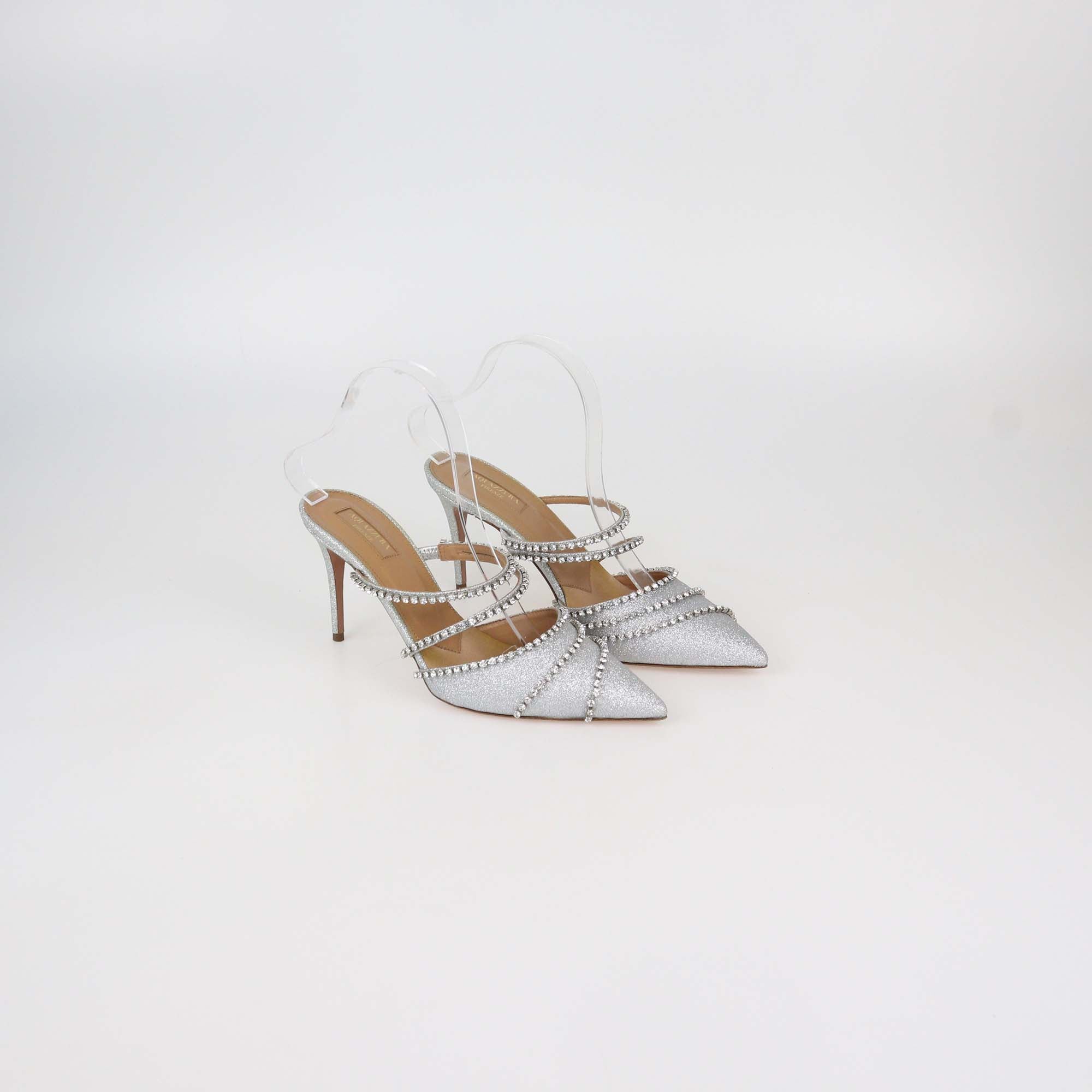 Aquazzura Silver Glitter and Crystal Strappy Luminous Mules