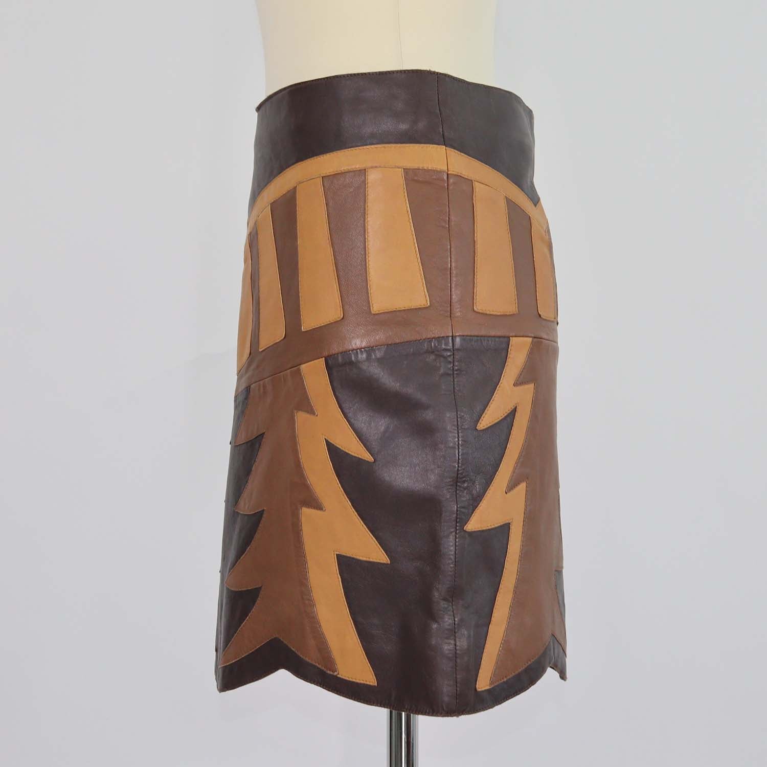 Just Cavalli Tricolor Leather Jagged Tree Mini Skirt