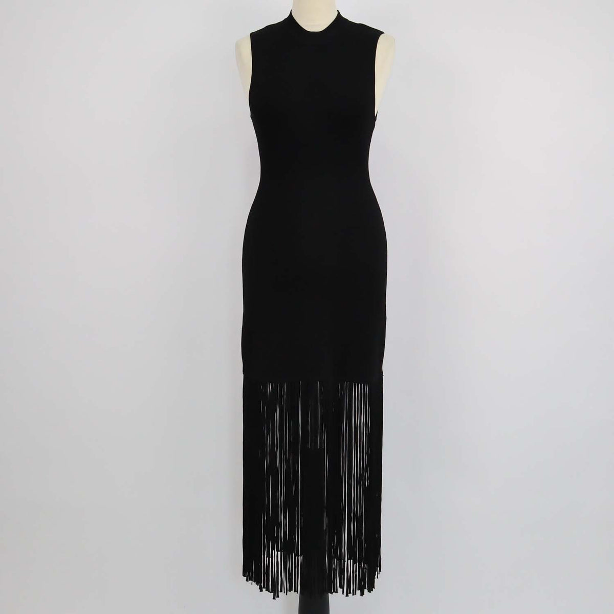 Sandro Black Blend Viscose Knitted Bodycon Fringed Sleeveless Dress
