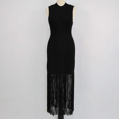 Sandro Black Blend Viscose Knitted Bodycon Fringed Sleeveless Dress