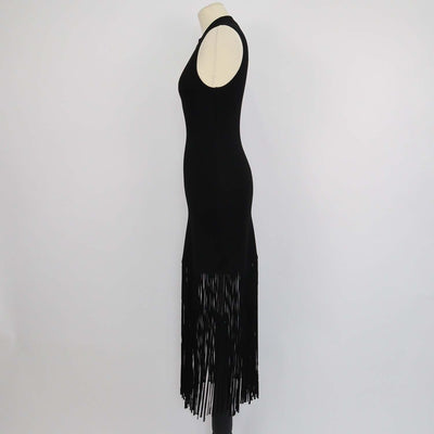 Sandro Black Blend Viscose Knitted Bodycon Fringed Sleeveless Dress
