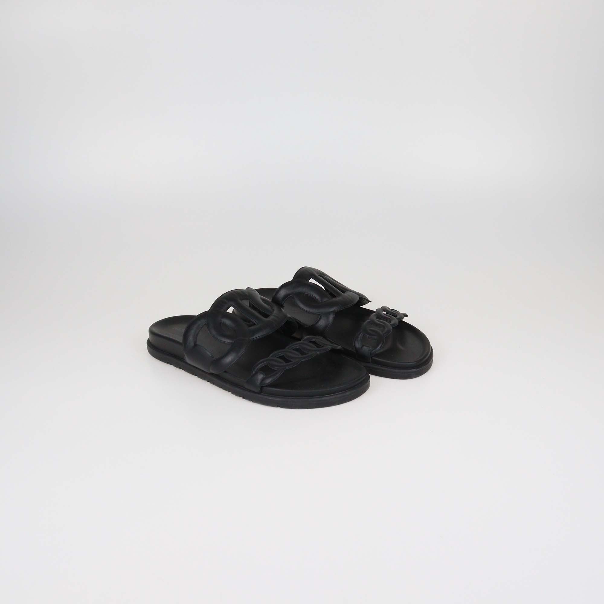 Hermes Black Leather Extra Sandals