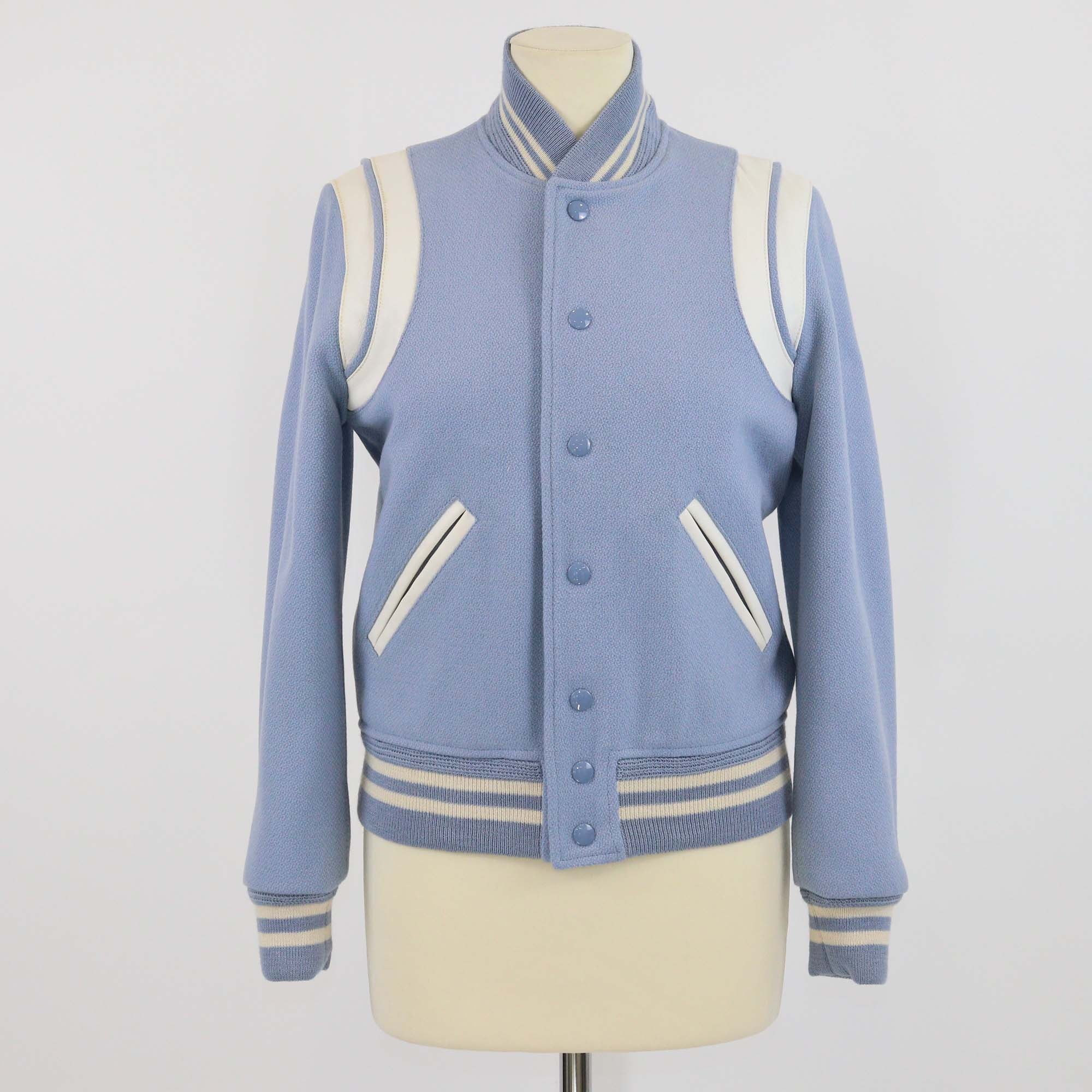 Saint Laurent Light Blue Wool Leather Trimmed Classic Teddy Bomber Jacket