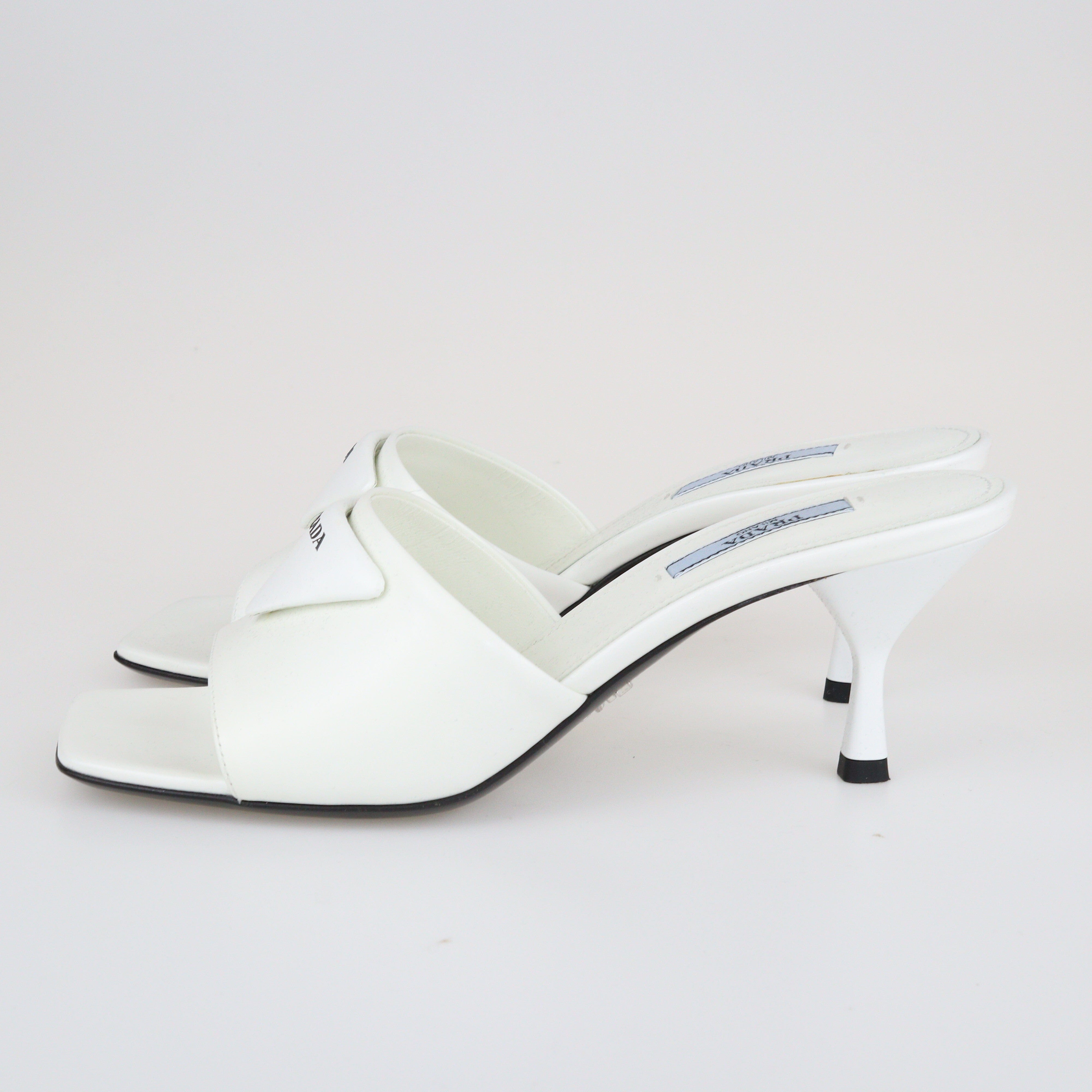 White Triangle Logo Open Toe Mules Shoes Prada 