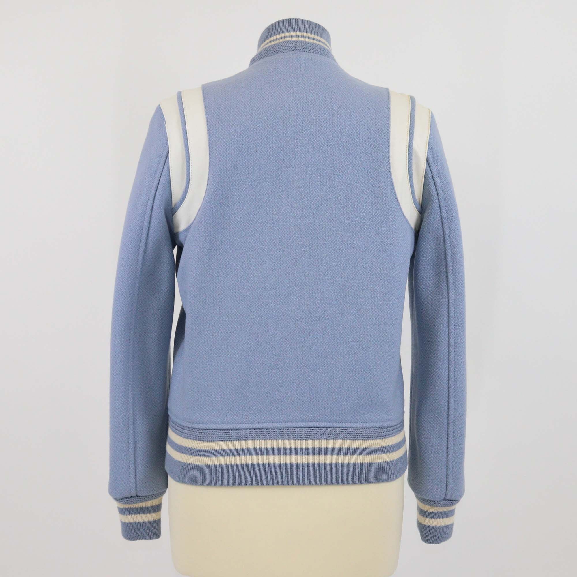 Saint Laurent Light Blue Wool Leather Trimmed Classic Teddy Bomber Jacket