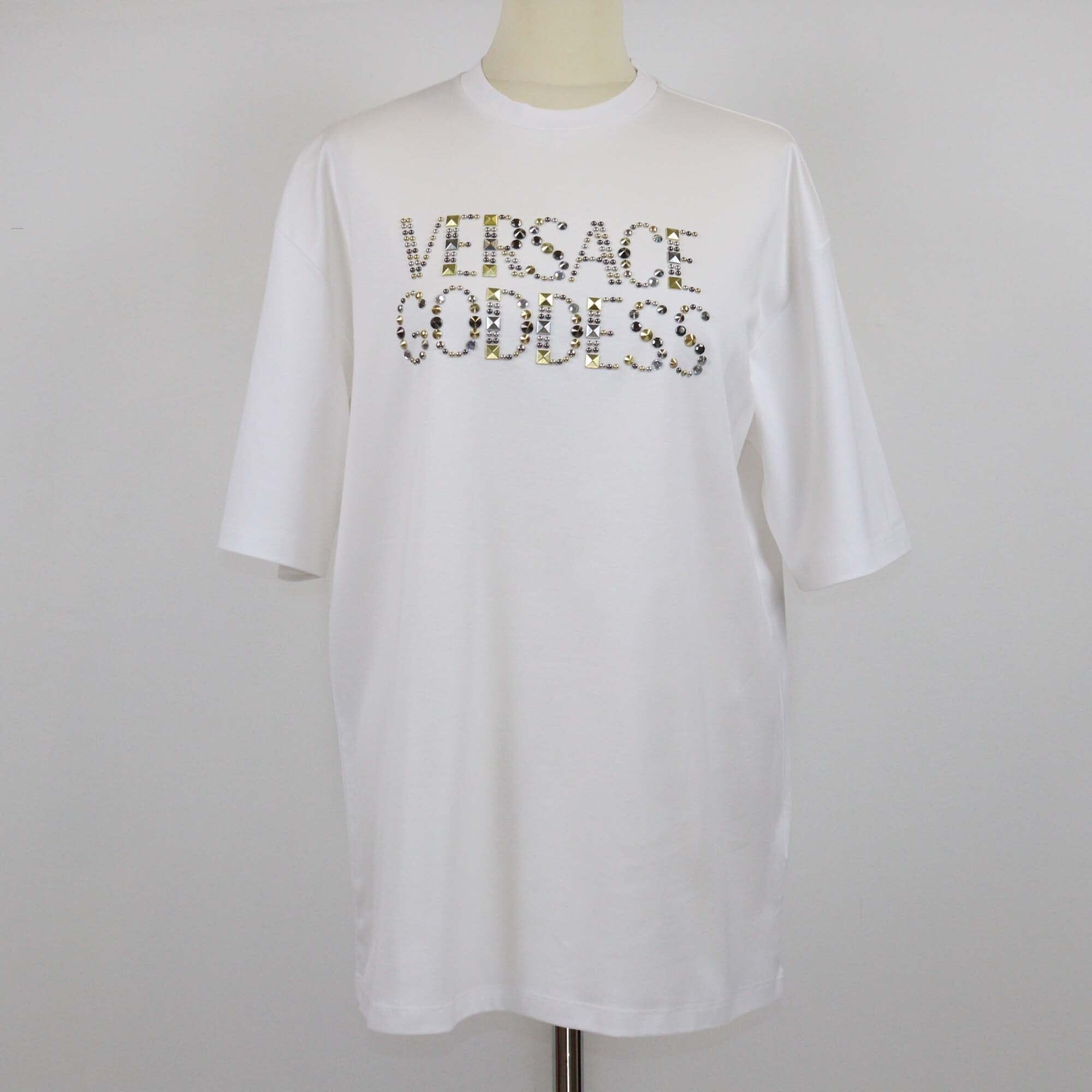 Versace White Studded Versace Goddess Logo T Shirt Womens Versace 