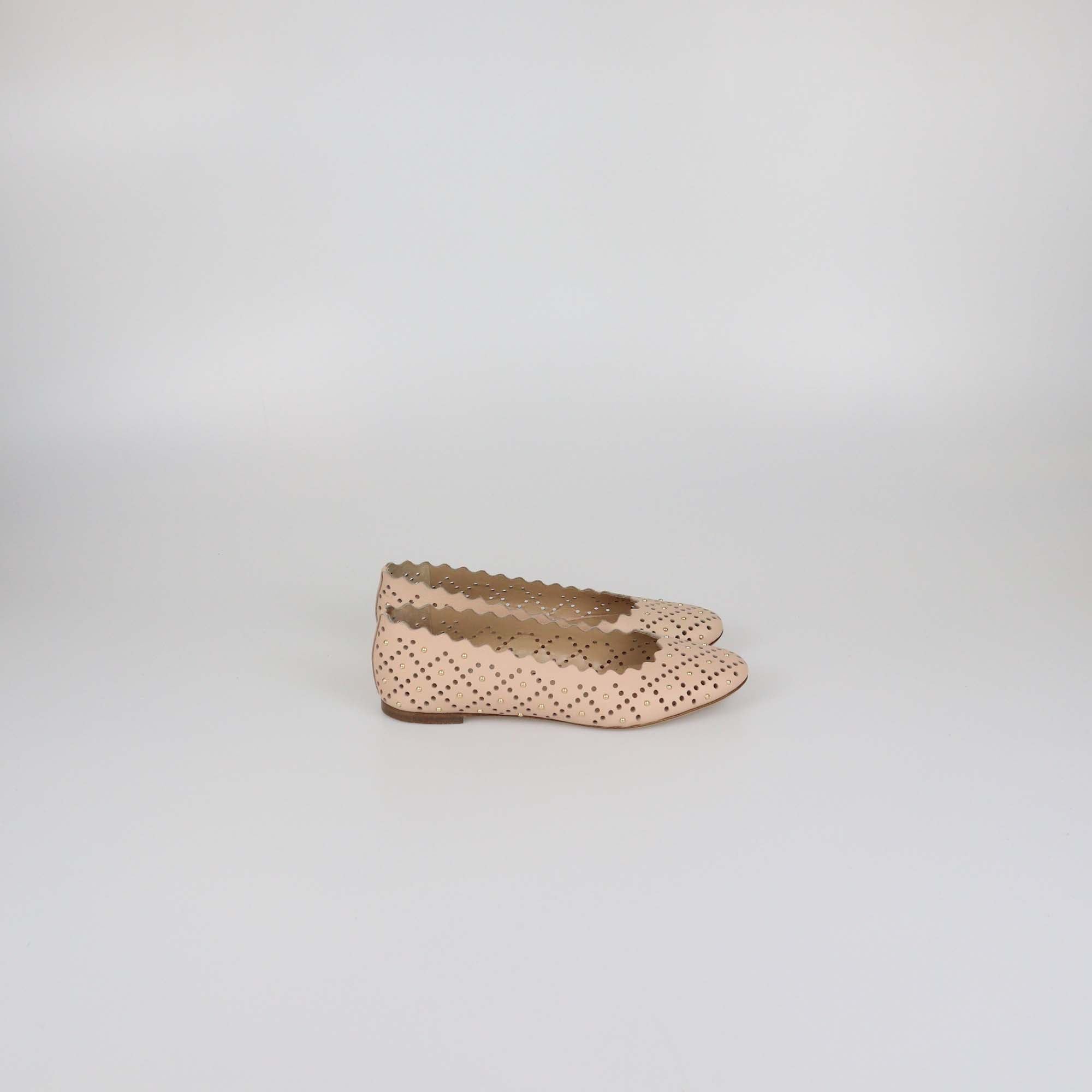 Chloe Beige Laser Cut Leather Studded Ballet Flats