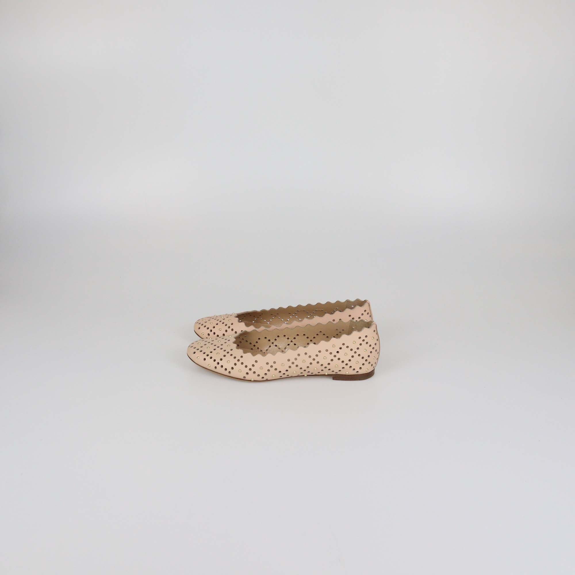 Chloe Beige Laser Cut Leather Studded Ballet Flats