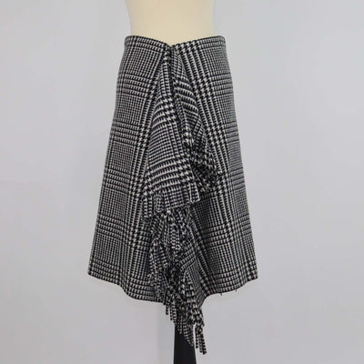Balenciaga Black/White Wool Houndstooth Print Ruffled and Fringe Knee Length Skirt
