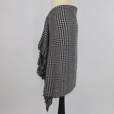 Balenciaga Black/White Wool Houndstooth Print Ruffled and Fringe Knee Length Skirt