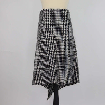 Balenciaga Black/White Wool Houndstooth Print Ruffled and Fringe Knee Length Skirt