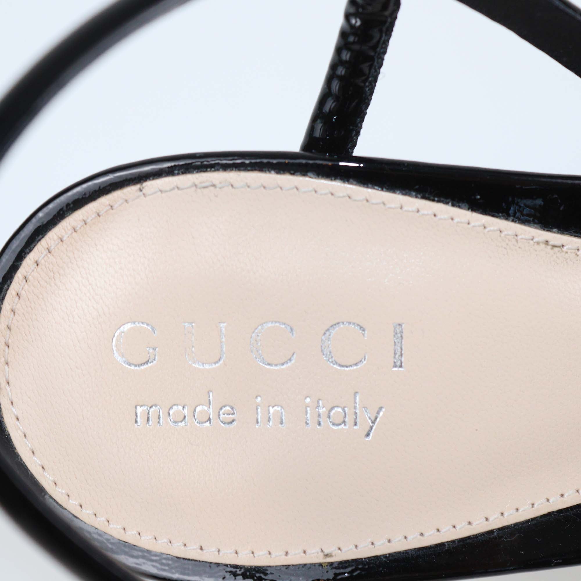 Gucci Black Patent Leather Knot Ankle Strap Sandals
