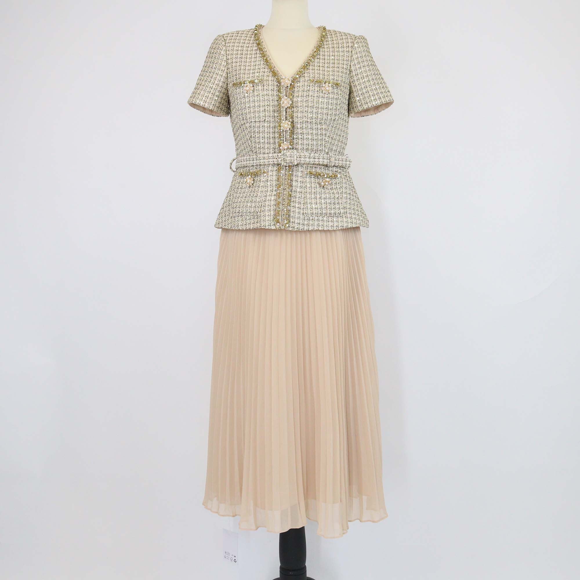 Self-Portrait Gold/Beige Tweed Belted Boucle Midi Dress