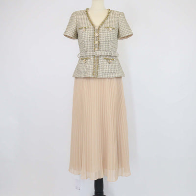 Self-Portrait Gold/Beige Tweed Belted Boucle Midi Dress