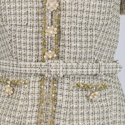 Self-Portrait Gold/Beige Tweed Belted Boucle Midi Dress